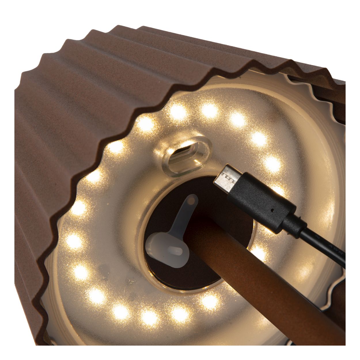 Lucide JUSTINE - Oplaadbare Tafellamp Buiten - Accu/Batterij - LED Dimb. - 1x2W 2700K - IP54 - Met draadloos oplaadstation - Roest bruin