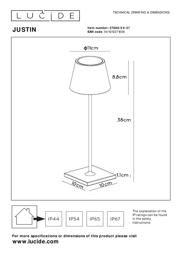 Lucide JUSTIN - Oplaadbare Tafellamp Buiten - Accu/Batterij - Ø 11 cm - LED Dimb. - 1x2,2W 3000K - IP54 - 3 StepDim - Wit