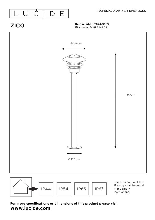 Lucide ZICO - Lantaarnpaal Buiten - Ø 21,8 cm - 1xE27 - IP44 - Mat chroom