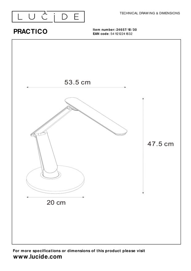 Lucide PRACTICO - Bureaulamp - LED Dim to warm - 1x10W 2700K/6000K - Zwart