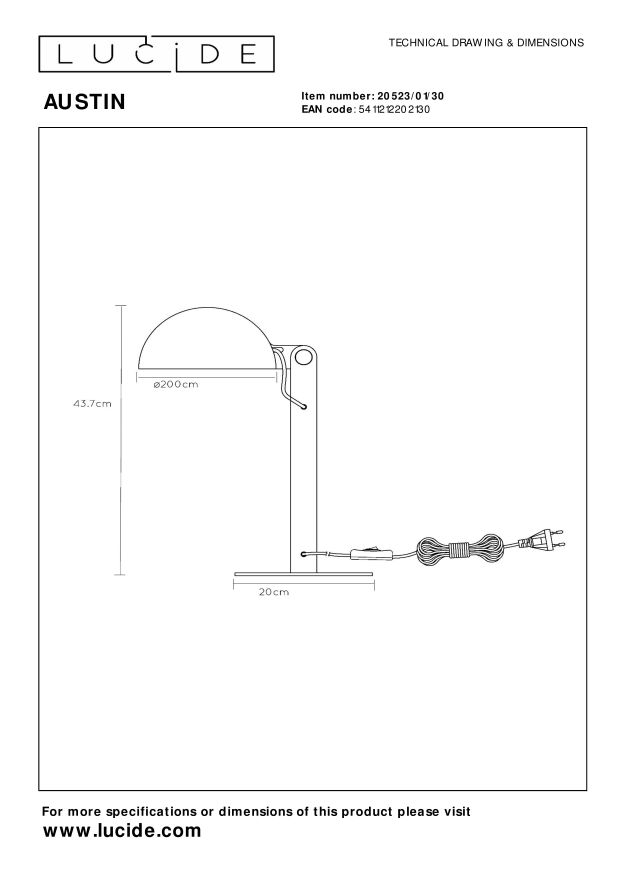 Lucide AUSTIN - Bureaulamp - Ø 20 cm - 1xE27 - Zwart