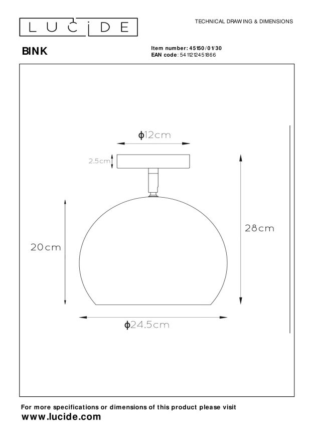 Lucide BINK - Plafonnière - Ø 24,5 cm - 1xE27 - Zwart