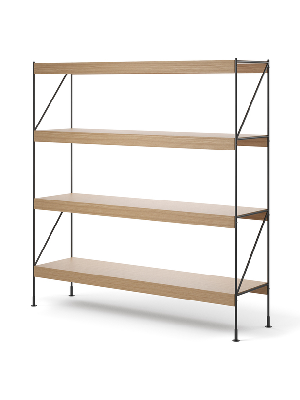 Menu - Zet opbergsysteem, H158, L150, zwart stalen frame, naturel eiken plank
