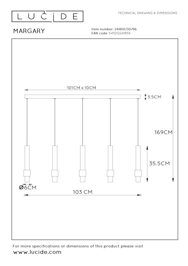 Lucide MARGARY - Hanglamp - LED - 5x22W 2700K - Koffie