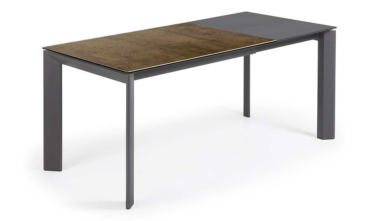 Axis uitschuifbare tafel 120 (180) cm porselein afwerking Iron Corten antraciet benen