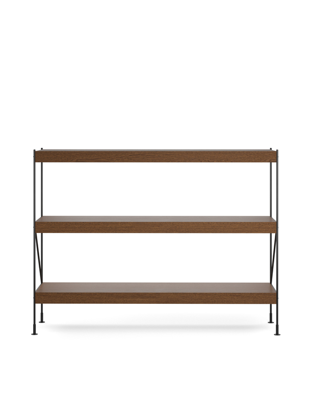 Menu - Zet opbergsysteem, H114, L150, zwart stalen frame, donker gebeitst eiken plank