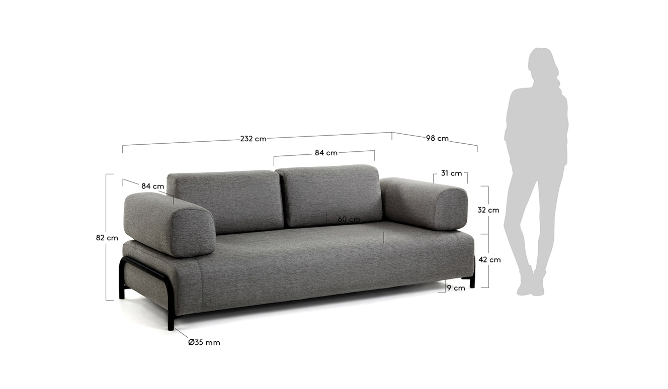 Bank Compo 3 zetels donkergrijs 232 cm