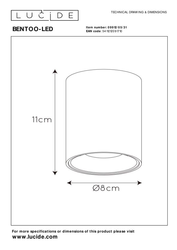 Lucide BENTOO-LED - Plafondspot - Ø 8 cm - LED Dimb. - GU10 - 1x5W 3000K - Wit