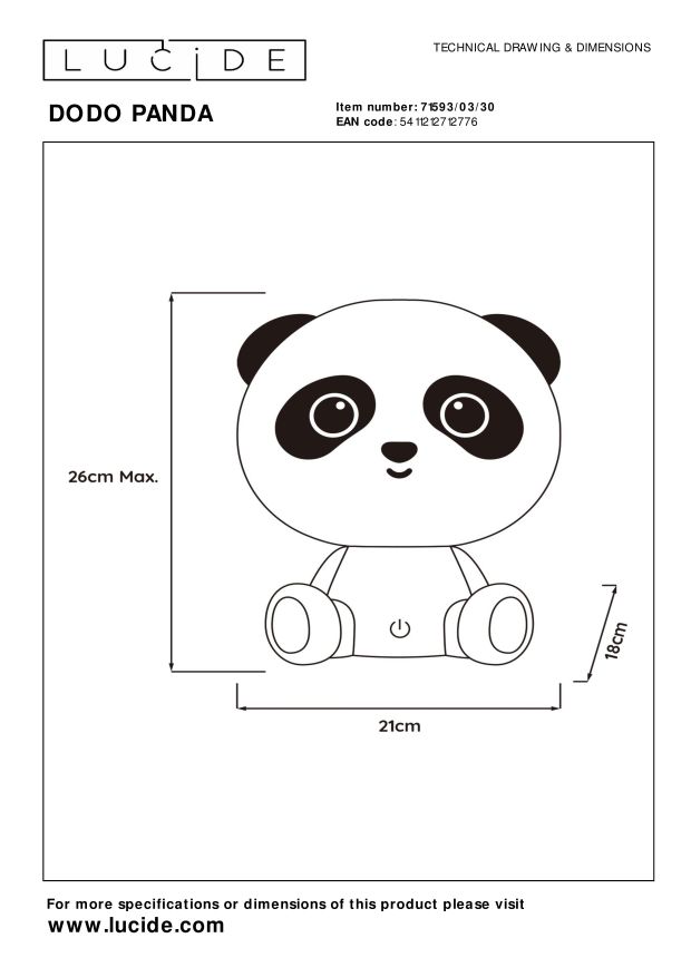 Lucide DODO PANDA - Tafellamp Kinderkamer - LED Dimb. - 1x3W - 3 StepDim - Zwart