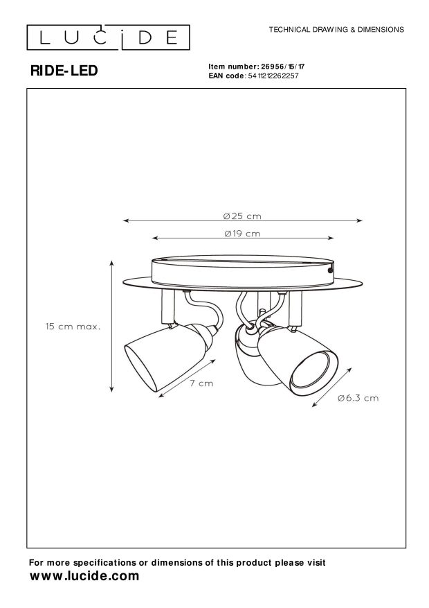 Lucide RIDE-LED - Plafondspot - Ø 25 cm - LED Dimb. - GU10 - 3x5W 3000K - Koper