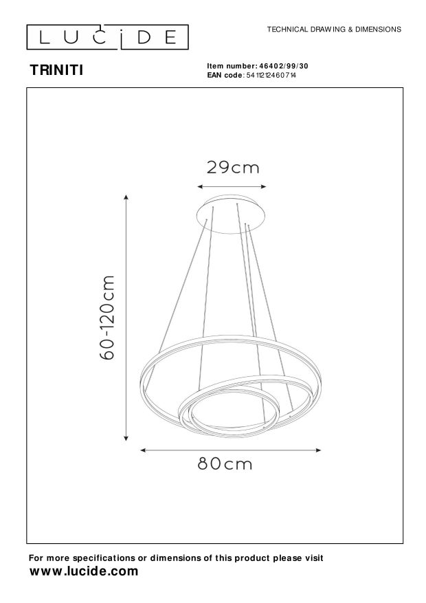 Lucide TRINITI - Hanglamp - Ø 80 cm - LED Dimb. - 3000K - Zwart