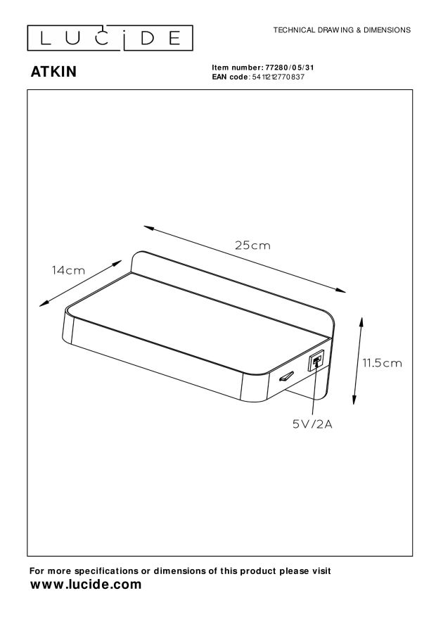 Lucide ATKIN - Bedlamp - LED - 1x6W 3000K - Met USB oplaadpunt - Wit
