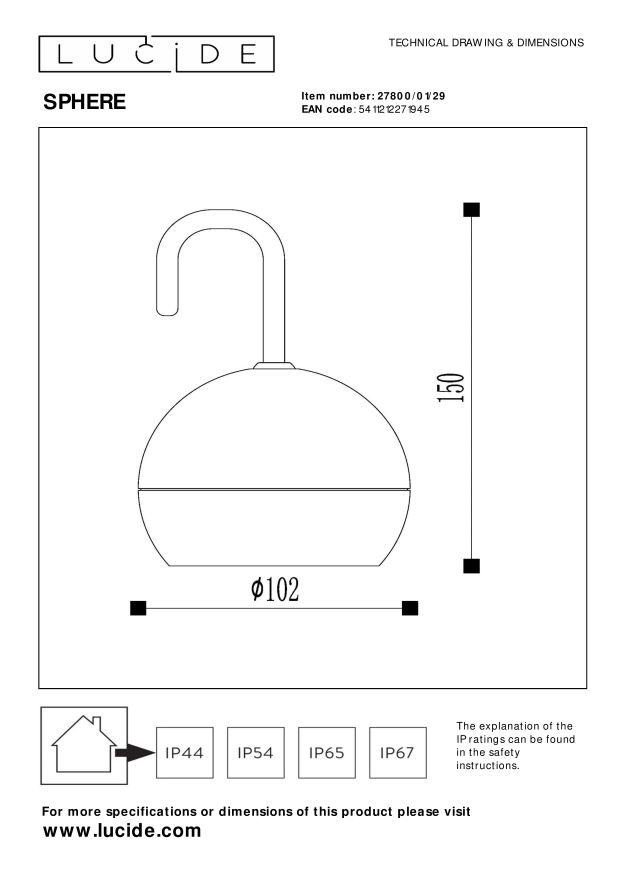 Lucide SPHERE - Oplaadbare Hanglamp Buiten - Accu/Batterij - Ø 10,2 cm - LED Dimb. - 1x2W 2700K - IP54 - 3 StepDim - Antraciet