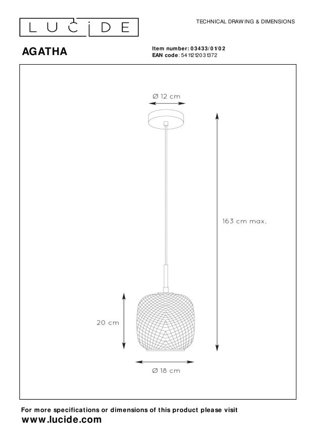 Lucide AGATHA - Hanglamp - Ø 18 cm - 1xE27 - Mat Goud / Messing