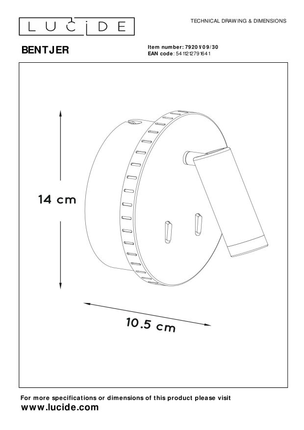 Lucide BENTJER - Wandlamp - Ø 14 cm - LED - 1x11W 3000K - Zwart