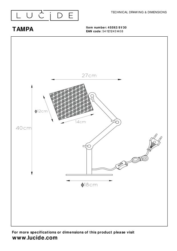 Lucide TAMPA - Bureaulamp - 1xE27 - Zwart