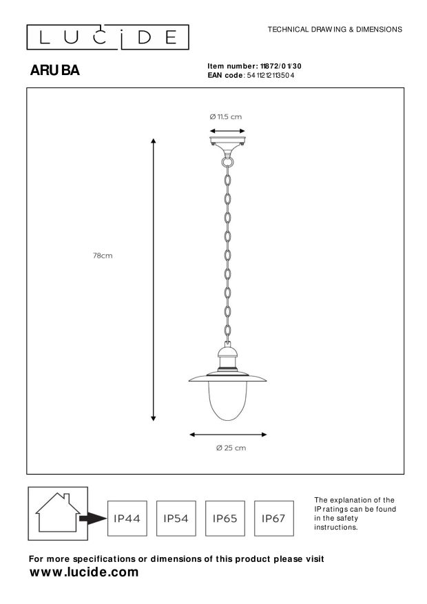 Lucide ARUBA - Hanglamp Buiten - Ø 25 cm - 1xE27 - IP44 - Zwart