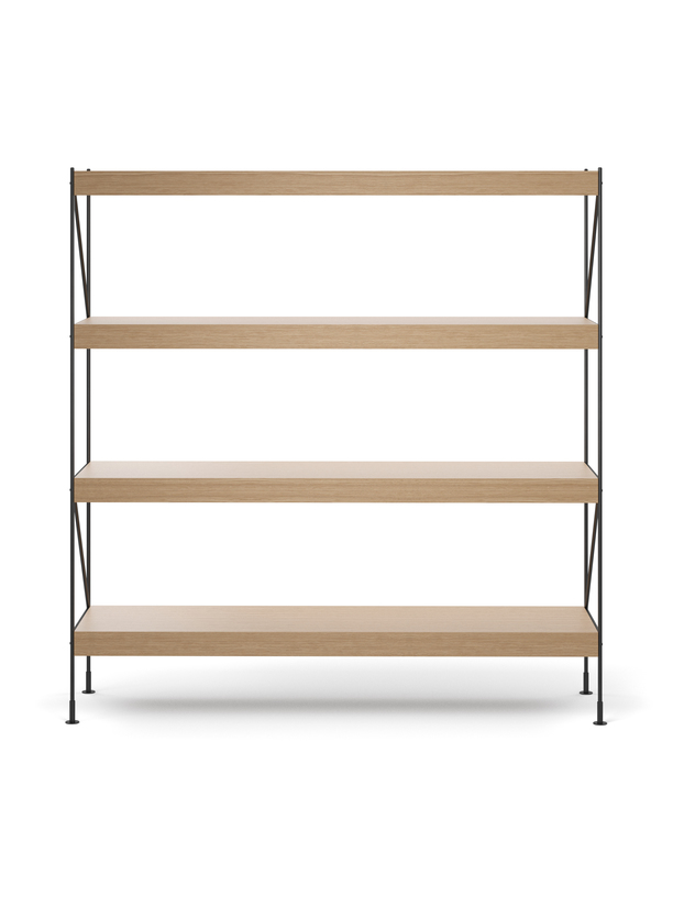 Menu - Zet opbergsysteem, H158, L150, zwart stalen frame, naturel eiken plank