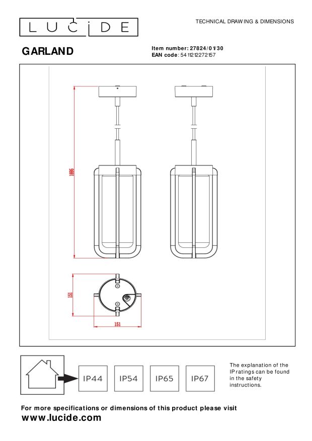 Lucide GARLAND - Hanglamp Buiten - Ø 15,1 cm - 1xE27 - IP44 - Zwart