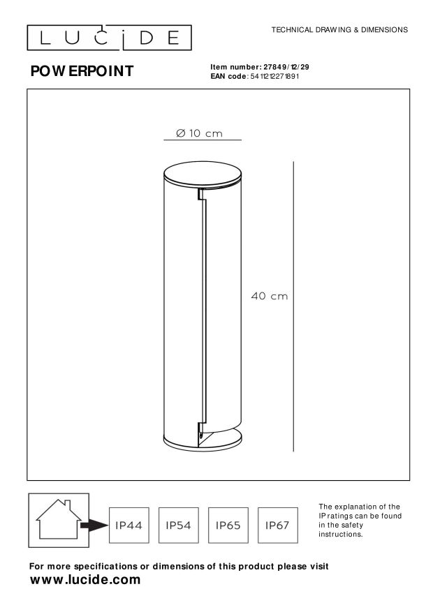 Lucide POWERPOINT - Buitenstopcontact zuil - Stopcontacten met randaarde - Type F - EUR/RUS standaard - Ø 10 cm - IP44 ? Antraciet