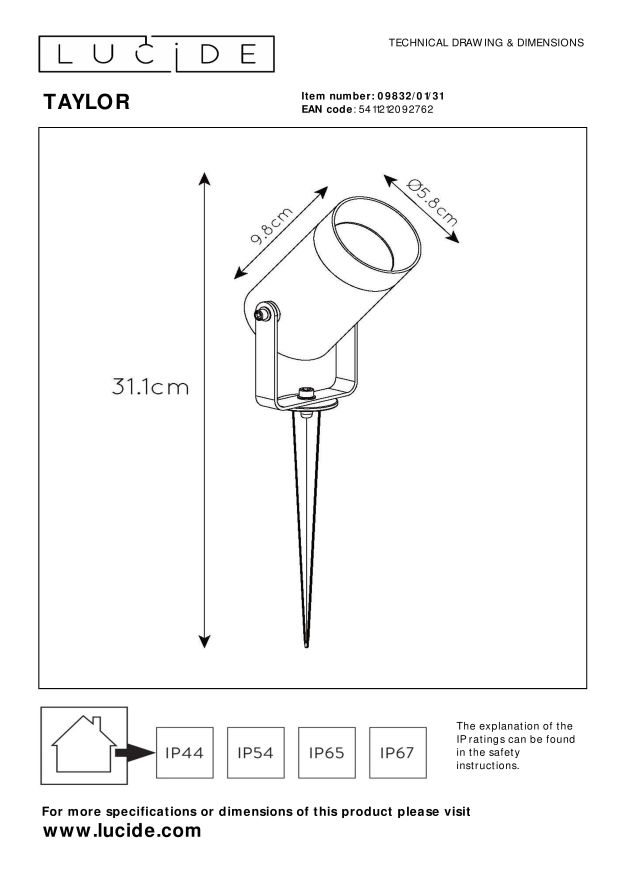 Lucide TAYLOR - Tuinspot Buiten - Ø 10 cm - 1xGU10 - IP65 - Wit