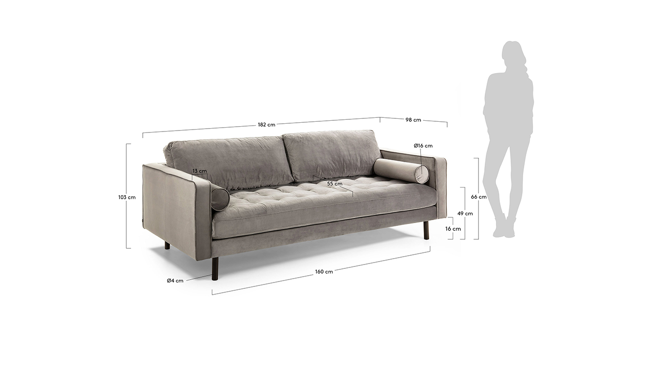 Debra fluwelen tweezitsbank grijs 182 cm