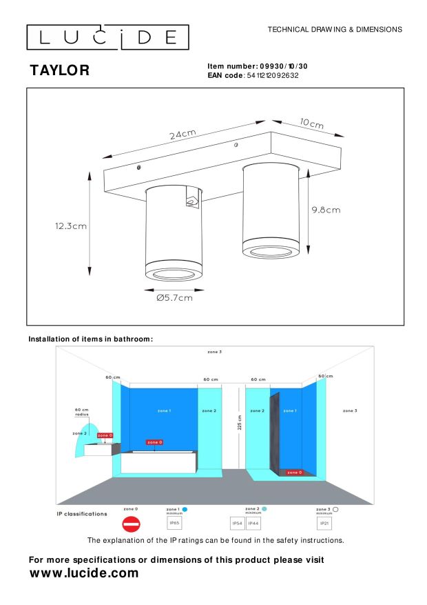 Lucide TAYLOR - Plafondspot Badkamer - LED Dim to warm - GU10 - 2x5W 2200K/3000K - IP44 - Zwart