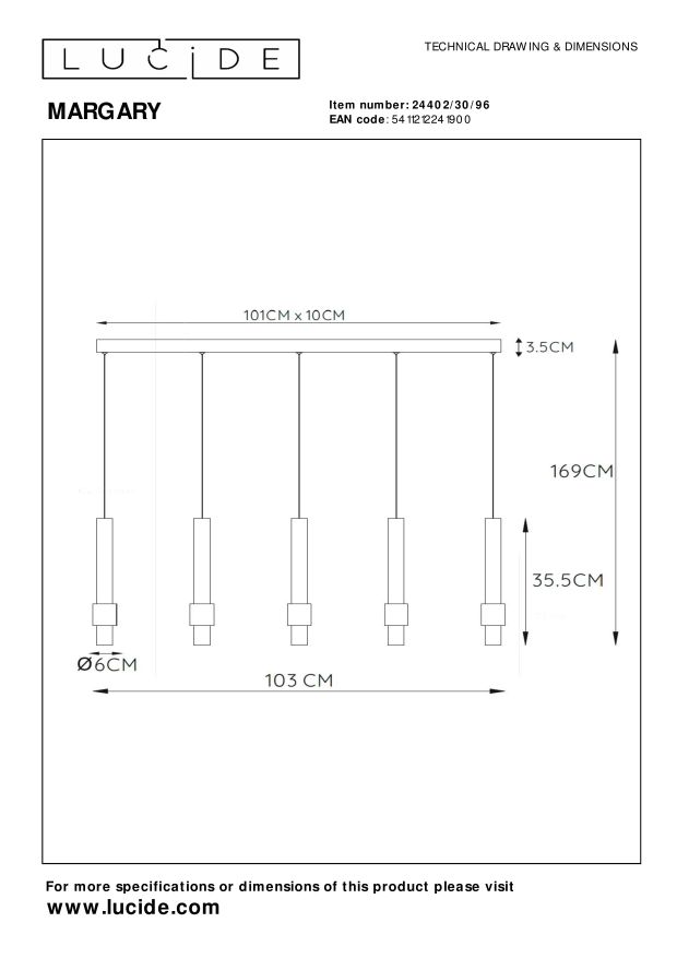 Lucide MARGARY - Hanglamp - LED Dimb. - 5x4,2W 2700K - Koffie