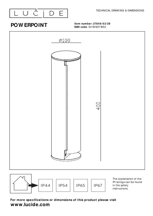 Lucide POWERPOINT - Buitenstopcontact zuil - Stopcontacten met penaarde - Type E -  FR, BE, POL, SVK & CZE norm - Ø 10 cm - IP44 ? Antraciet