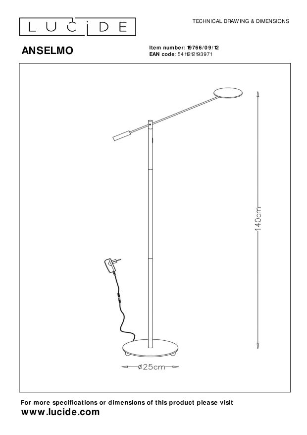 Lucide ANSELMO - Leeslamp - Ø 25 cm - LED Dimb. - 1x9W 3000K - Mat chroom