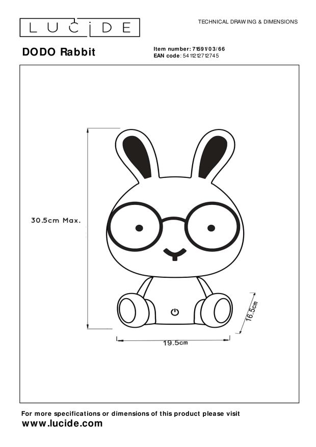 Lucide DODO Rabbit - Tafellamp Kinderkamer - LED Dimb. - 1x3W - 3 StepDim - Roze