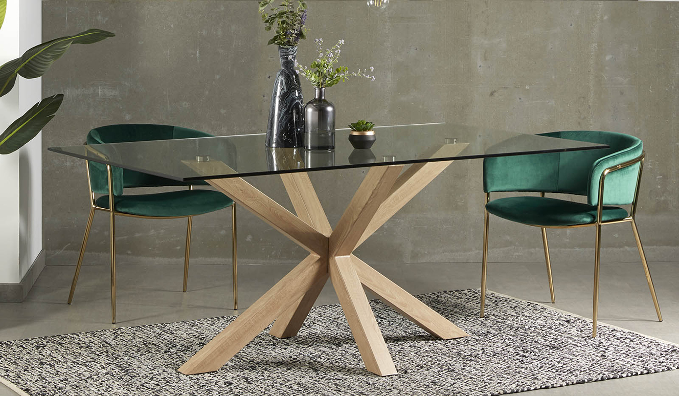 Argo tafel 160 cm glas hout effect benen