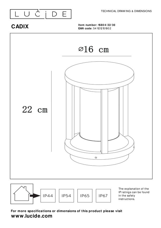 Lucide CADIX - Sokkellamp Buiten - Ø 16 cm - 1xE27 - IP65 - Zwart