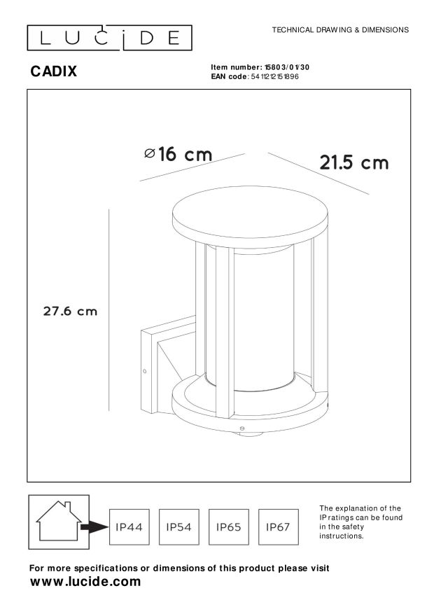 Lucide CADIX - Wandlamp Buiten - 1xE27 - IP65 - Zwart