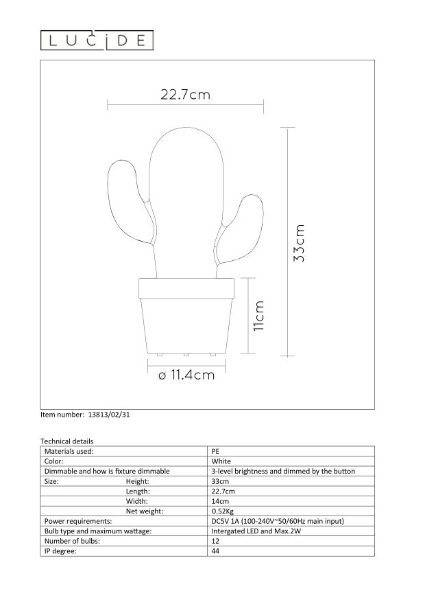 Lucide CACTUS - Oplaadbare Tafellamp Buiten - Accu/Batterij - Ø 22,7 cm - LED Dimb. - 1x2W 2700K - IP44 - Wit