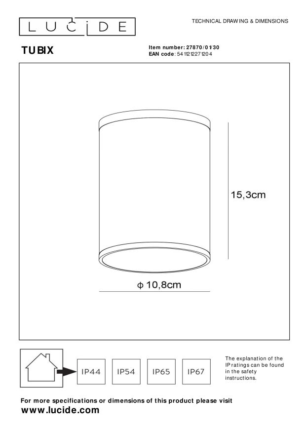 Lucide TUBIX - Plafondspot Buiten - Ø 10,8 cm - 1xE27 - IP54 - Antraciet