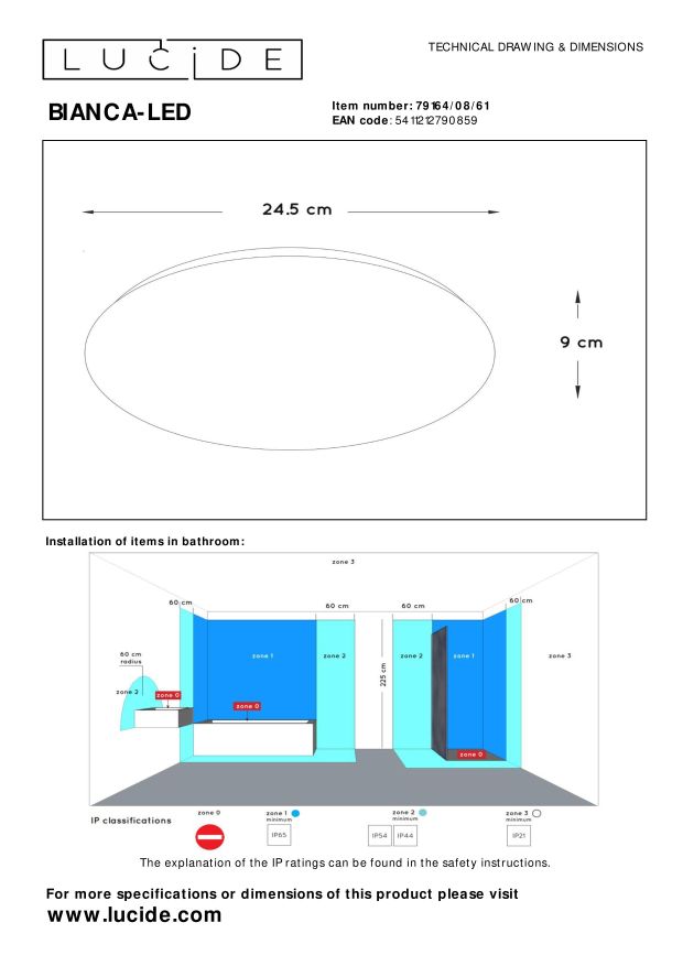 Lucide BIANCA-LED - Plafonnière Badkamer - Ø 24,5 cm - LED - 1x8W 3500K - IP21 - Opaal