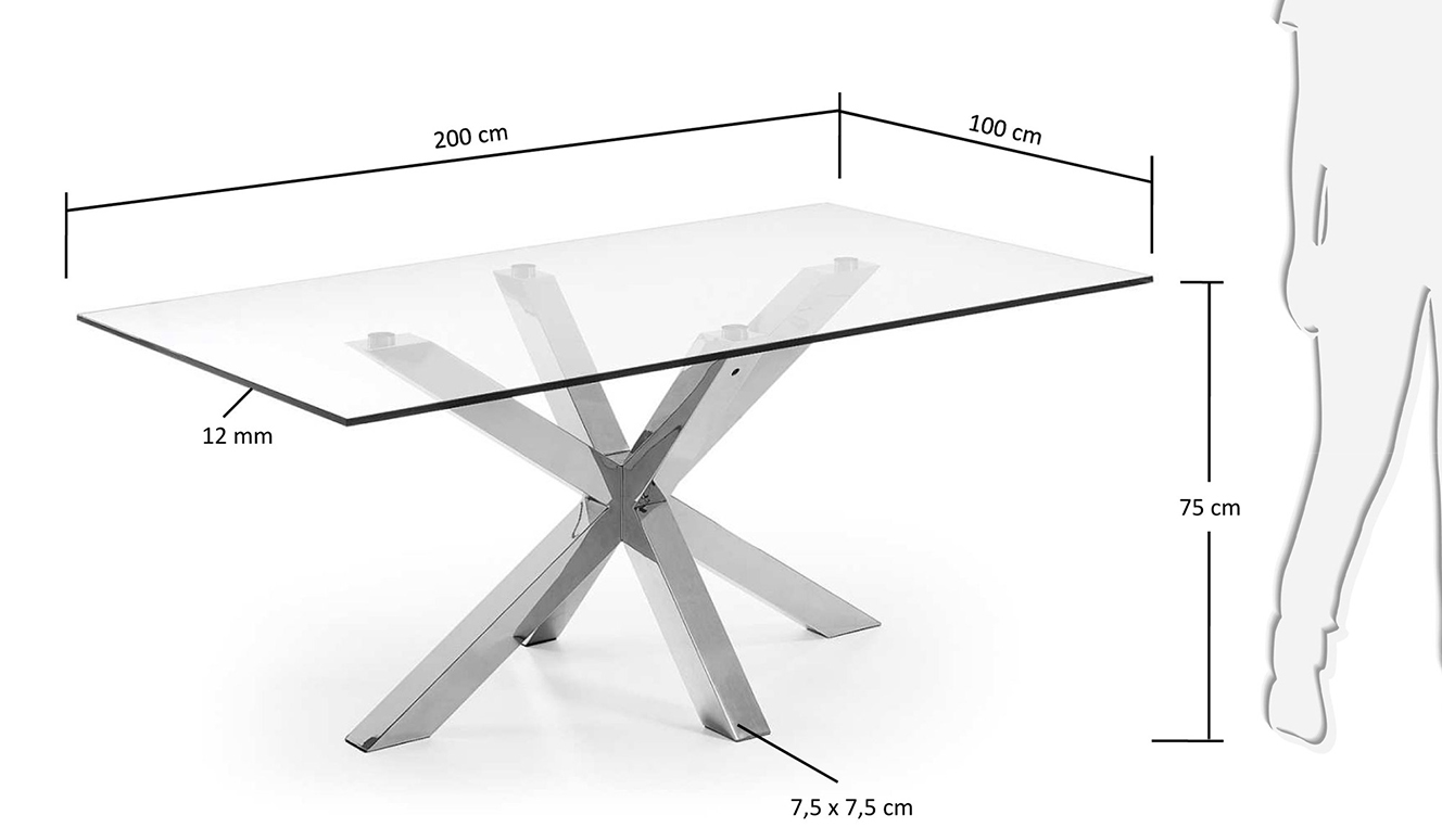 Argo tafel 200 cm glas roestvrij benen