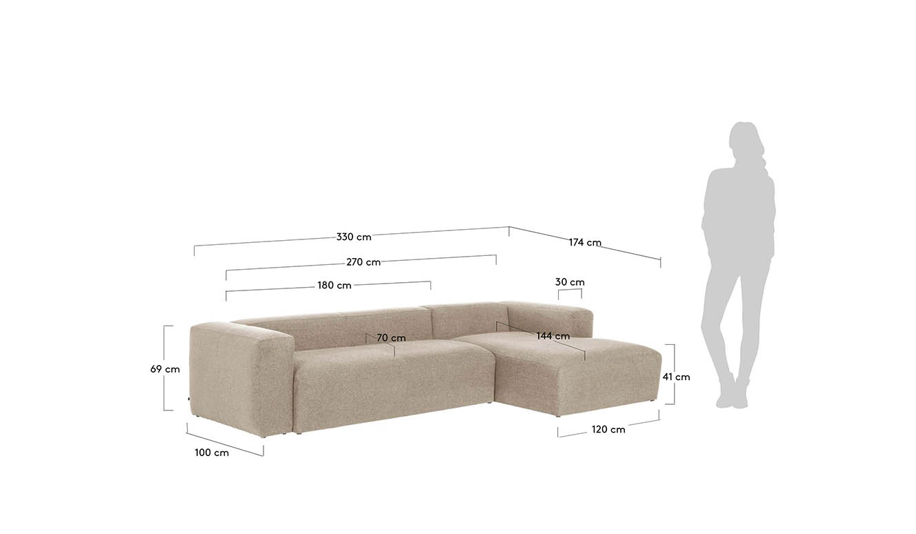 3 persoonsbank Blok met chaise longue rechts van beige 330 cm