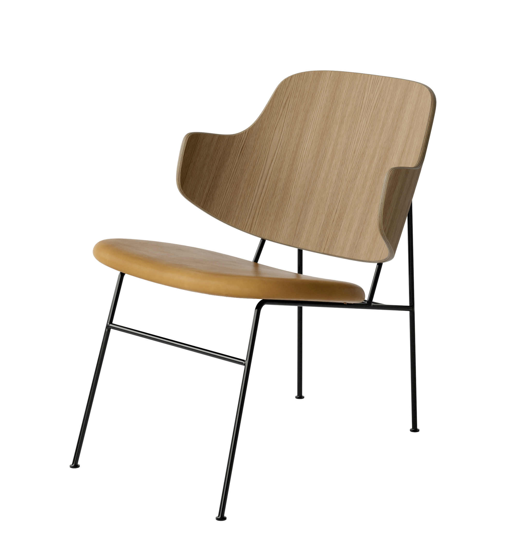 Menu - The Penguin fauteuil, zwart stalen frame, naturel eiken rugleuning, 0250 (Cognac)