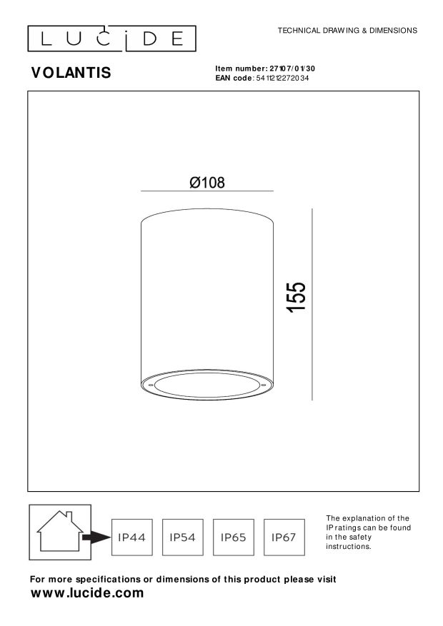 Lucide VOLANTIS - Plafondspot Buiten - Ø 10,8 cm - 1xE27 - IP54 - Zwart