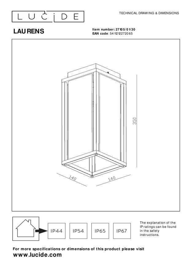 Lucide LAURENS - Plafonnière Buiten - 1xE27 - IP54 - Zwart
