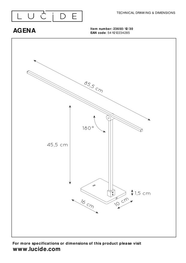 Lucide AGENA - Bureaulamp - LED Dimb. - 1x15W 2700K - Zwart