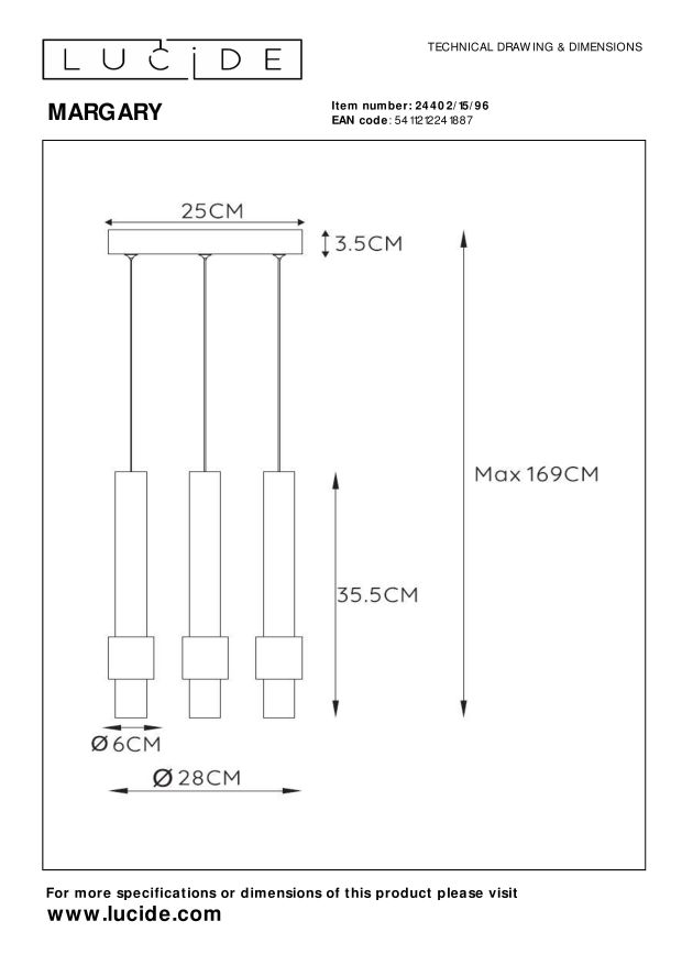 Lucide MARGARY - Hanglamp - Ø 28 cm - LED Dimb. - 3x4W 2700K - Koffie