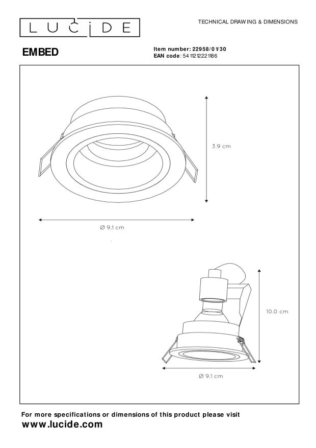 Lucide EMBED - Inbouwspot - Ø 9,1 cm - 1xGU10 - Zwart